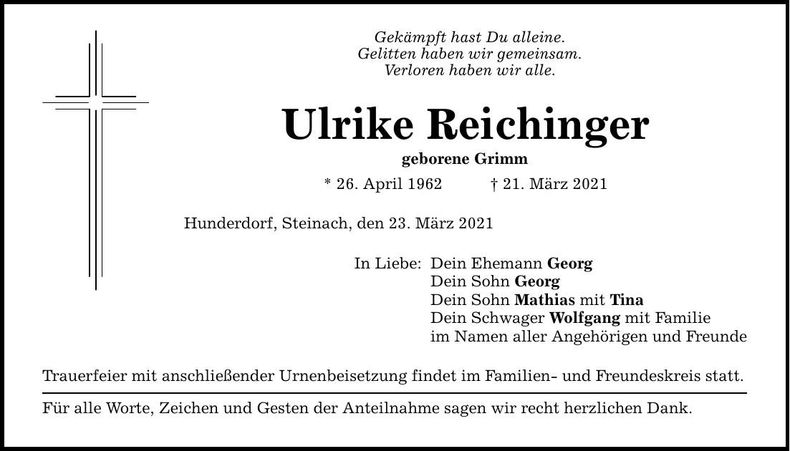 Traueranzeige Ulrike Reichinger