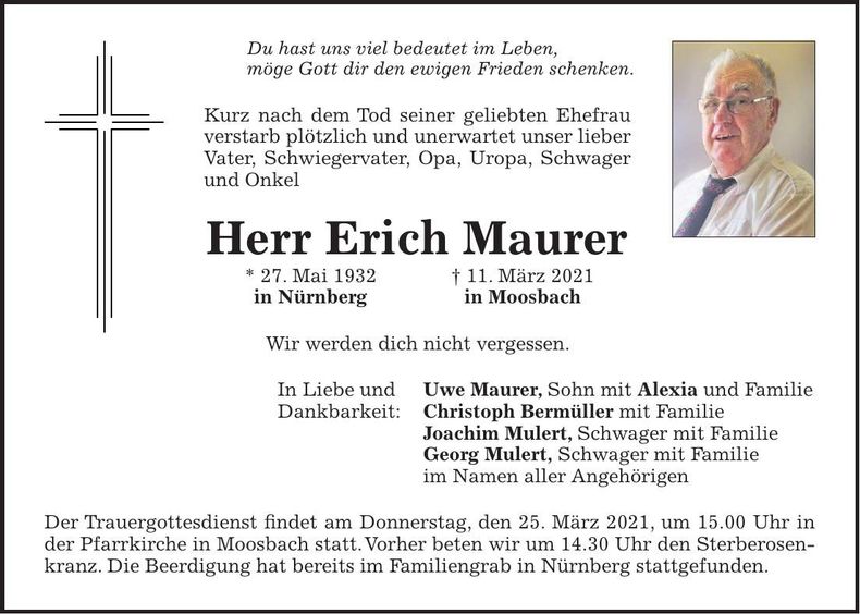Traueranzeige Erich Maruer