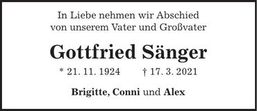 Traueranzeige Gottfried Sänger
