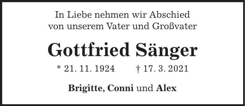 Traueranzeige Gottfried Sänger
