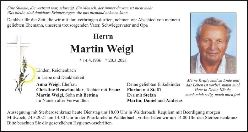 Traueranzeige Martin Weigl