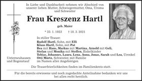 Traueranzeige Kreszenz Hartl