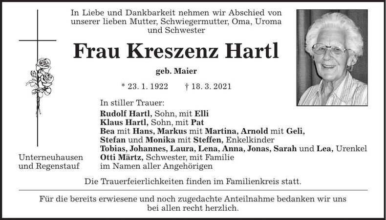Traueranzeige Kreszenz Hartl