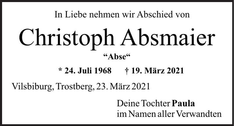 Traueranzeige Christoph Absmaier