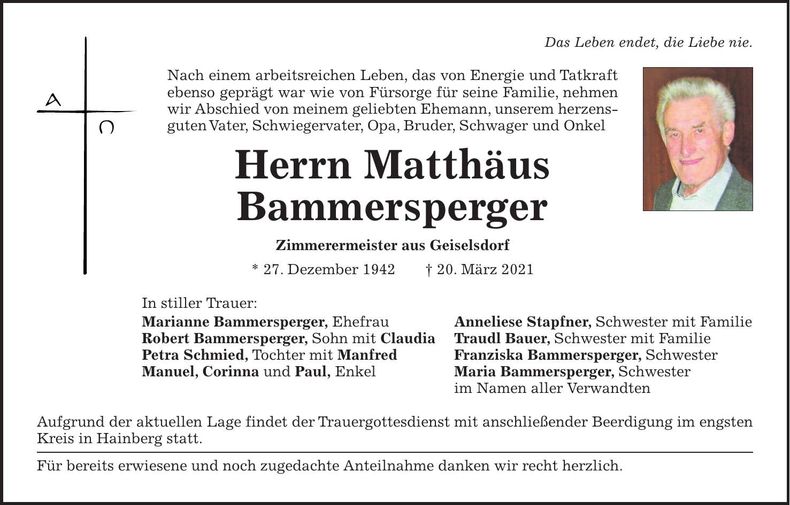 Traueranzeige Matthäus Bammersperger