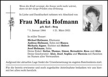 Traueranzeige Maria Hofmann