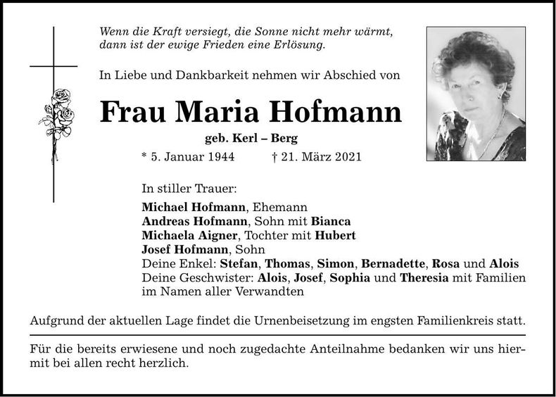 Traueranzeige Maria Hofmann