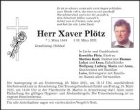 Traueranzeige Xaver Plötz