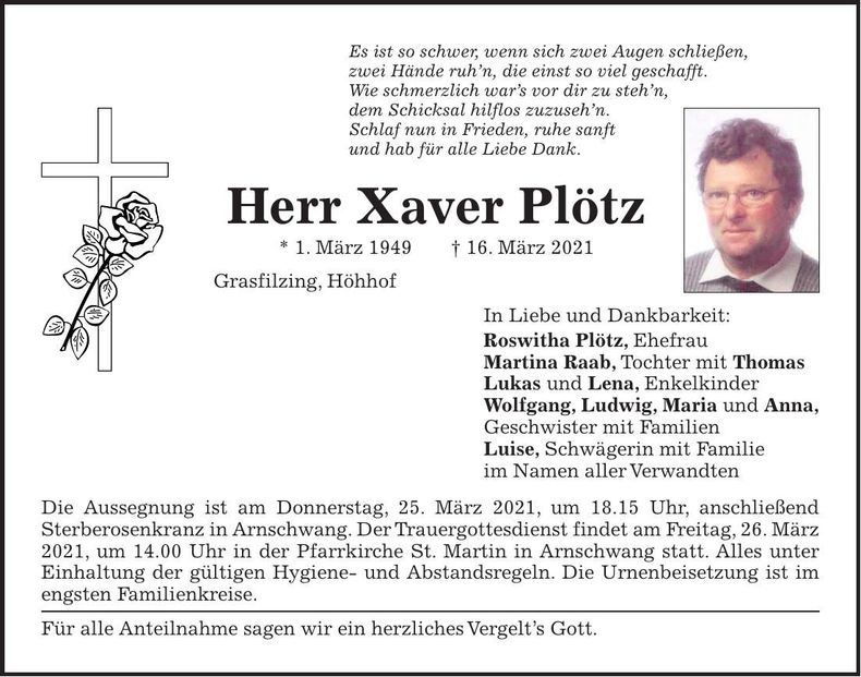 Traueranzeige Xaver Plötz