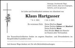 Traueranzeige Klaus Hartgasser