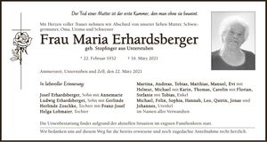 Traueranzeige Maria Erhardsberger