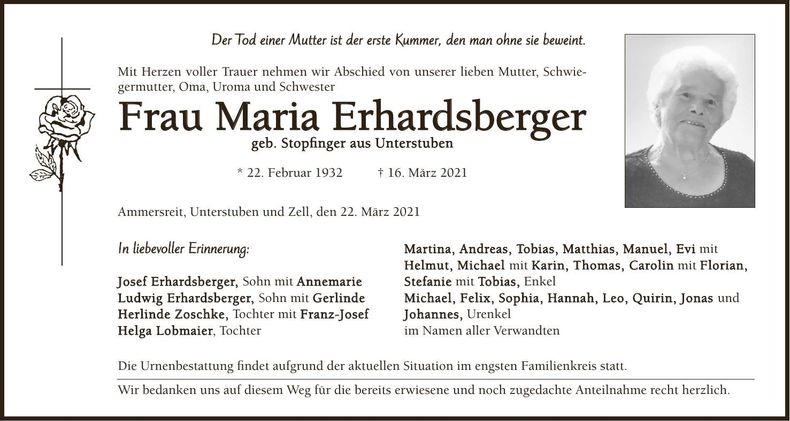 Traueranzeige Maria Erhardsberger