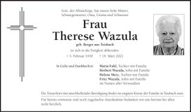 Traueranzeige Therese Wazula