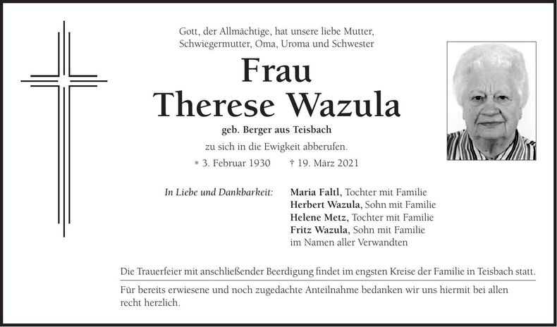 Traueranzeige Therese Wazula