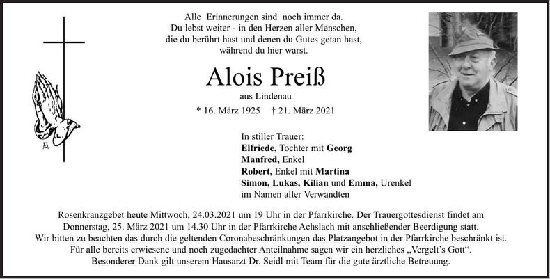 Traueranzeige Alois Preiß