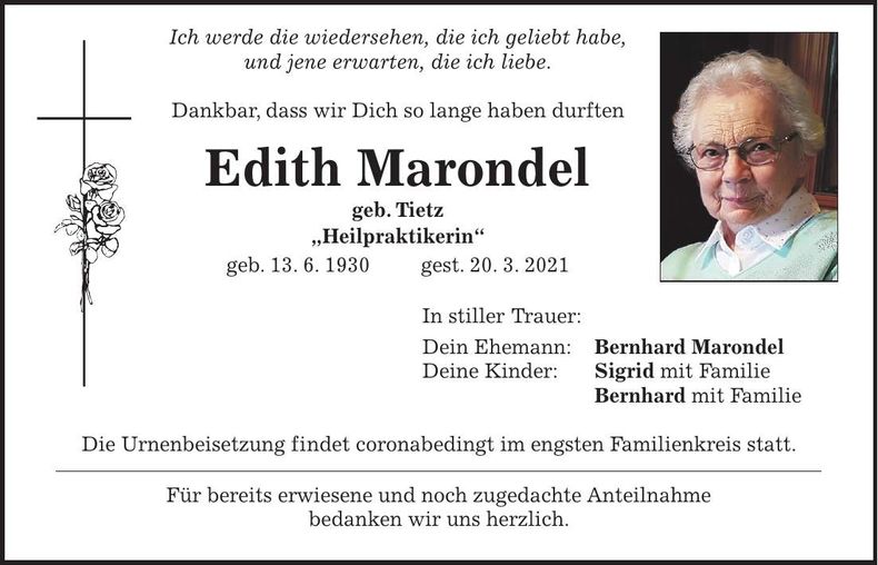 Traueranzeige Edith Marondel