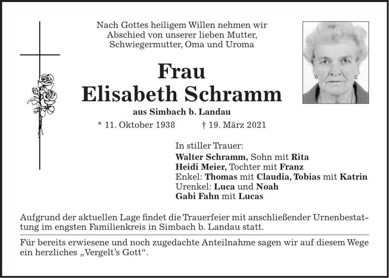 Traueranzeige Elisabeth Schramm
