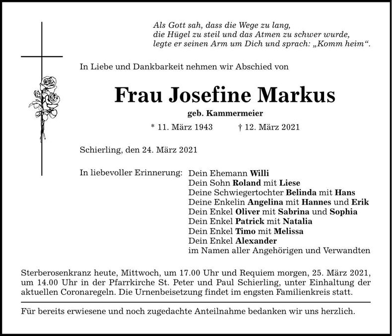 Traueranzeige Josefine Markus