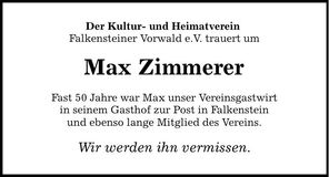 Traueranzeige Max Zimmerer