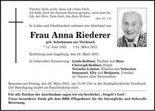 Traueranzeige Riederer Anna