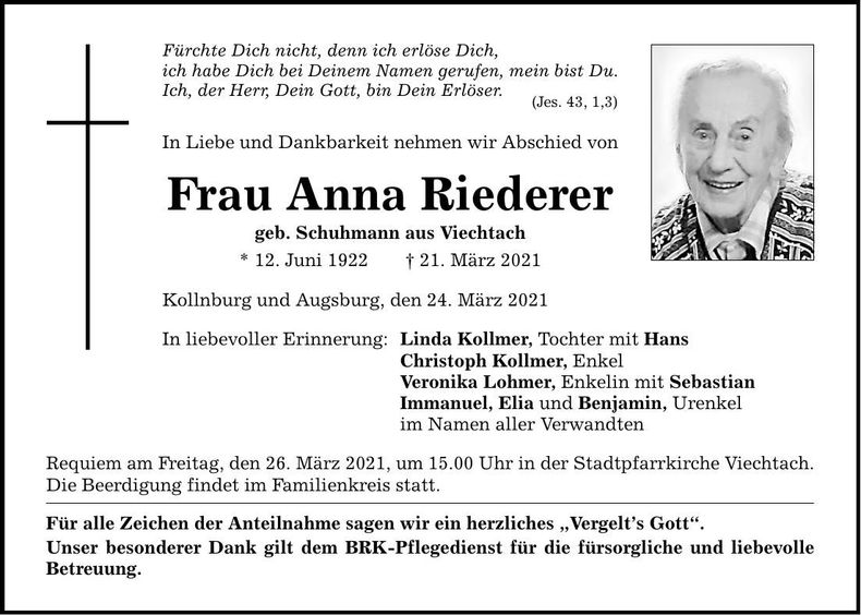 Traueranzeige Riederer Anna