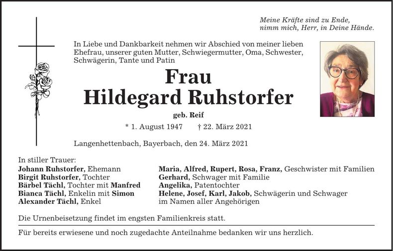 Traueranzeige Hildegard Ruhstorfer