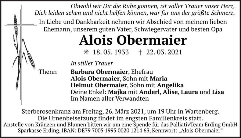 Traueranzeige Alois Obermaier