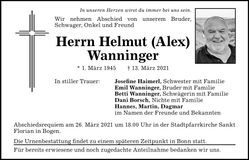 Traueranzeige Helmut Wanninger