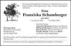 Traueranzeige Franziska Schamberger