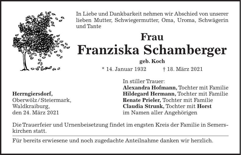 Traueranzeige Franziska Schamberger