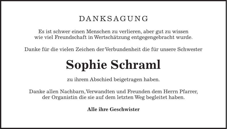 Traueranzeige Sophie Schraml