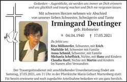 Traueranzeige Irmingard Deutinger