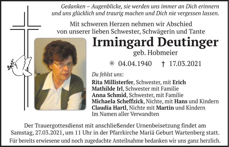 Traueranzeige Irmingard Deutinger