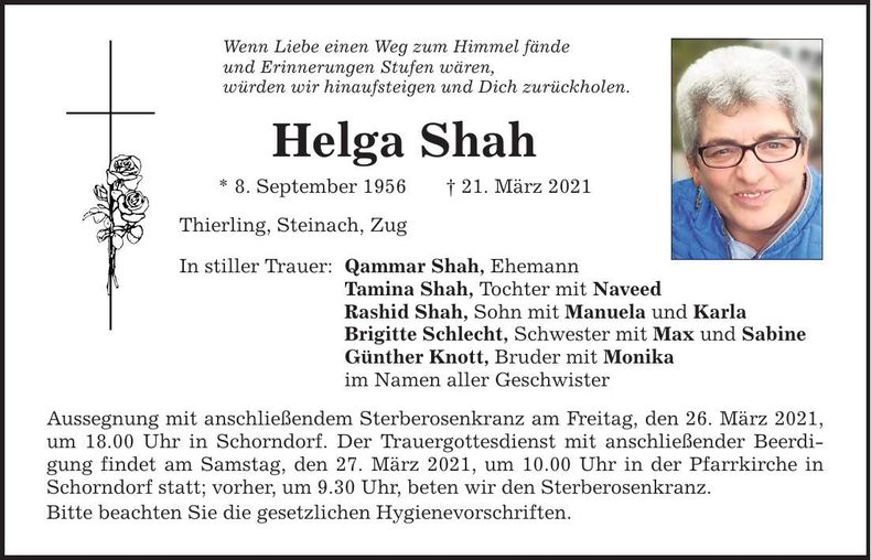 Traueranzeige Helga Shah