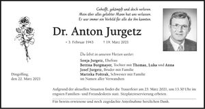 Traueranzeige Anton Jurgetz