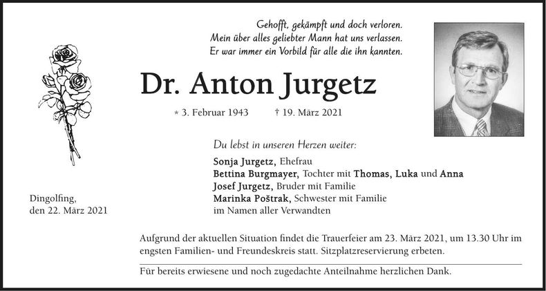 Traueranzeige Anton Jurgetz