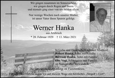 Traueranzeige Hanka Werner