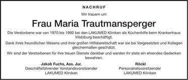 Traueranzeige Maria Trautmannsperger