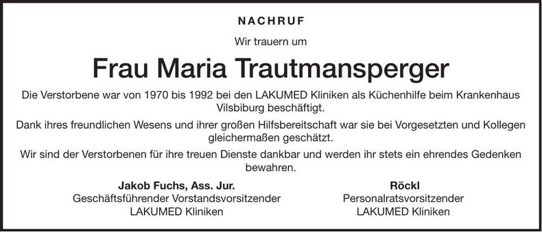 Traueranzeige Maria Trautmannsperger