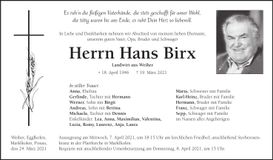 Traueranzeige Hans Birx