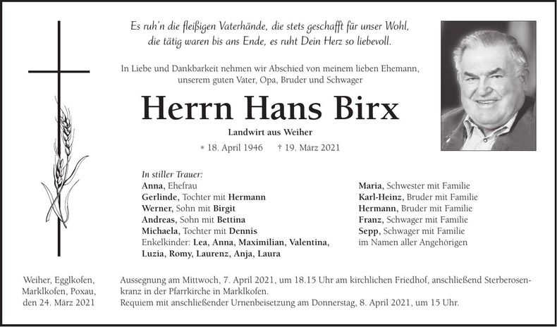 Traueranzeige Hans Birx