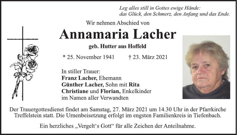 Traueranzeige Annamaria Lacher