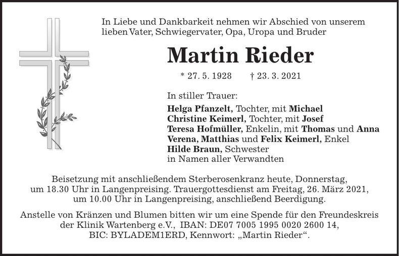 Traueranzeige Martin Rieder