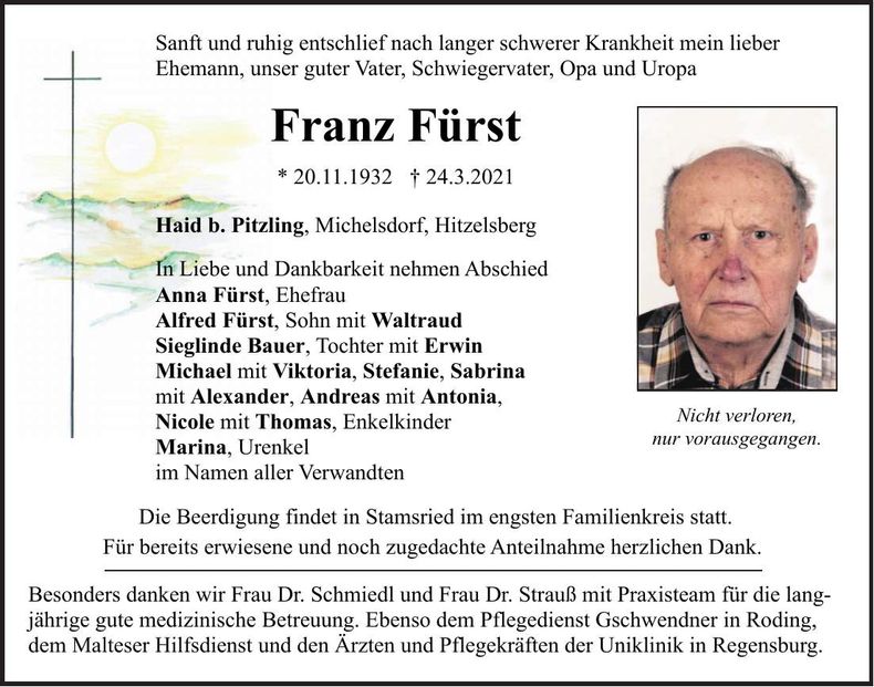 Traueranzeige Franz Fürst