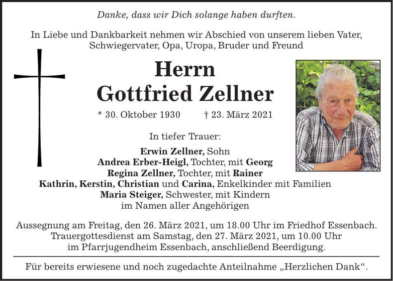 Traueranzeige Gottfried Zellner