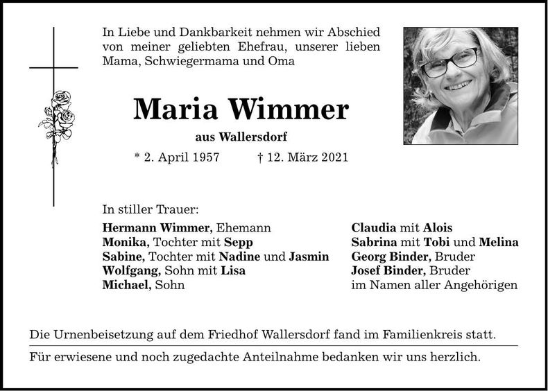 Traueranzeige Maria Wimmer