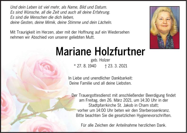 Traueranzeige Mariane Holzfurtner
