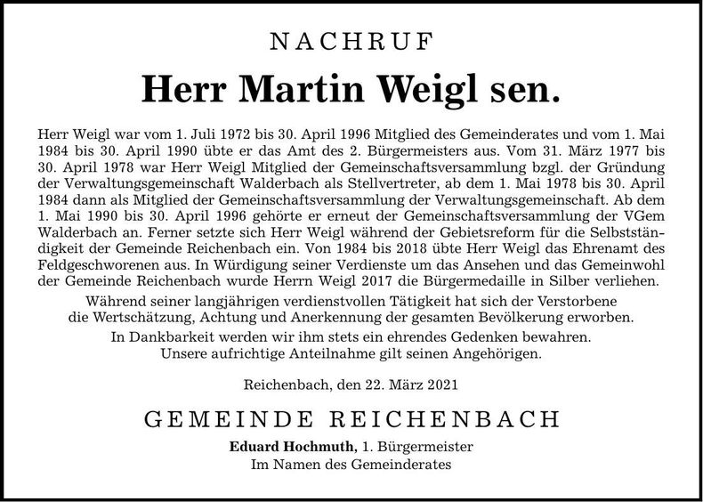 Traueranzeige Martin Weigl