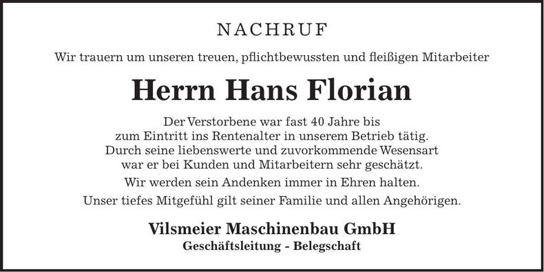 Traueranzeige Hans Florian