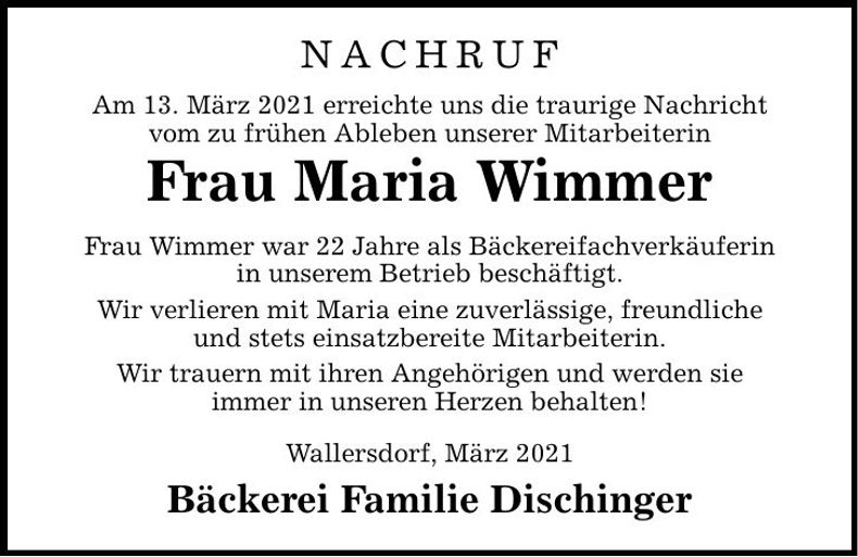 Traueranzeige Maria Wimmer